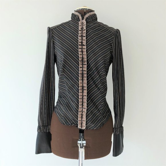 Brown Striped Fitted Shirt Faux Leather Cuffs - Picture 1 of 11